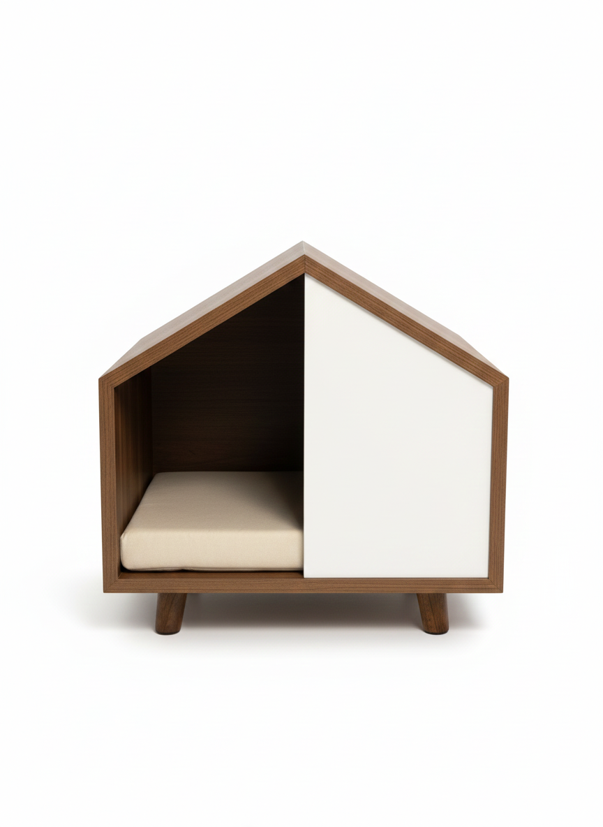 Wooden pet house with a cushion on a white background