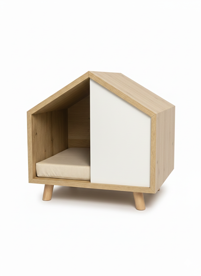 Wooden pet house with a white interior on a white background