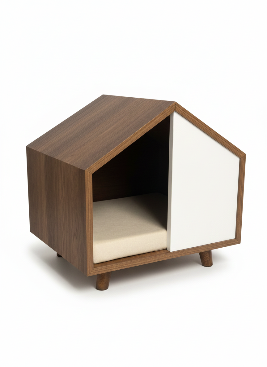 Wooden pet bed with a white interior on a white background