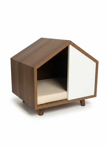 Wooden pet bed with a white interior on a white background