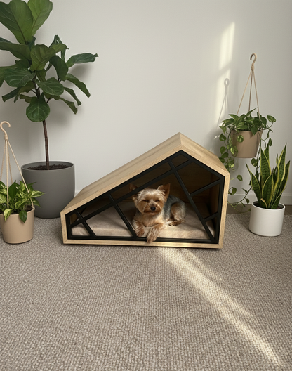 Dog inside a modern wooden doghouse with plants around
