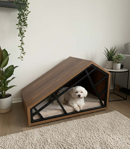 Dog inside a modern wooden pet house in a room with plants and a rug.