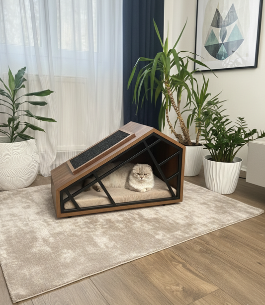 Modern pet house with a cat inside in a stylish living room.