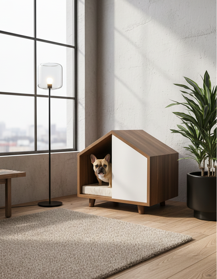 Modern dog house in a stylish room with large windows and a plant.