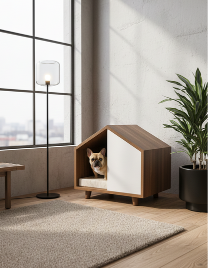 Modern dog house in a stylish room with large windows and a plant.